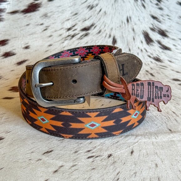 NEW Men's Aztec Fabric & Genuine Oiled Leather Western Belt (34) - Picture 1 of 2
